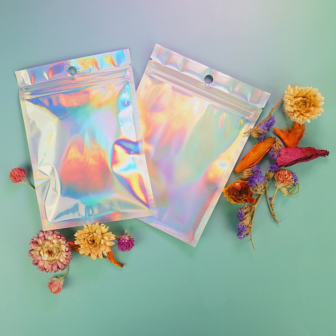 Clear and Half Diamond Holographic Mylar Flat Bags with Round Hang Hole - Katady packaging