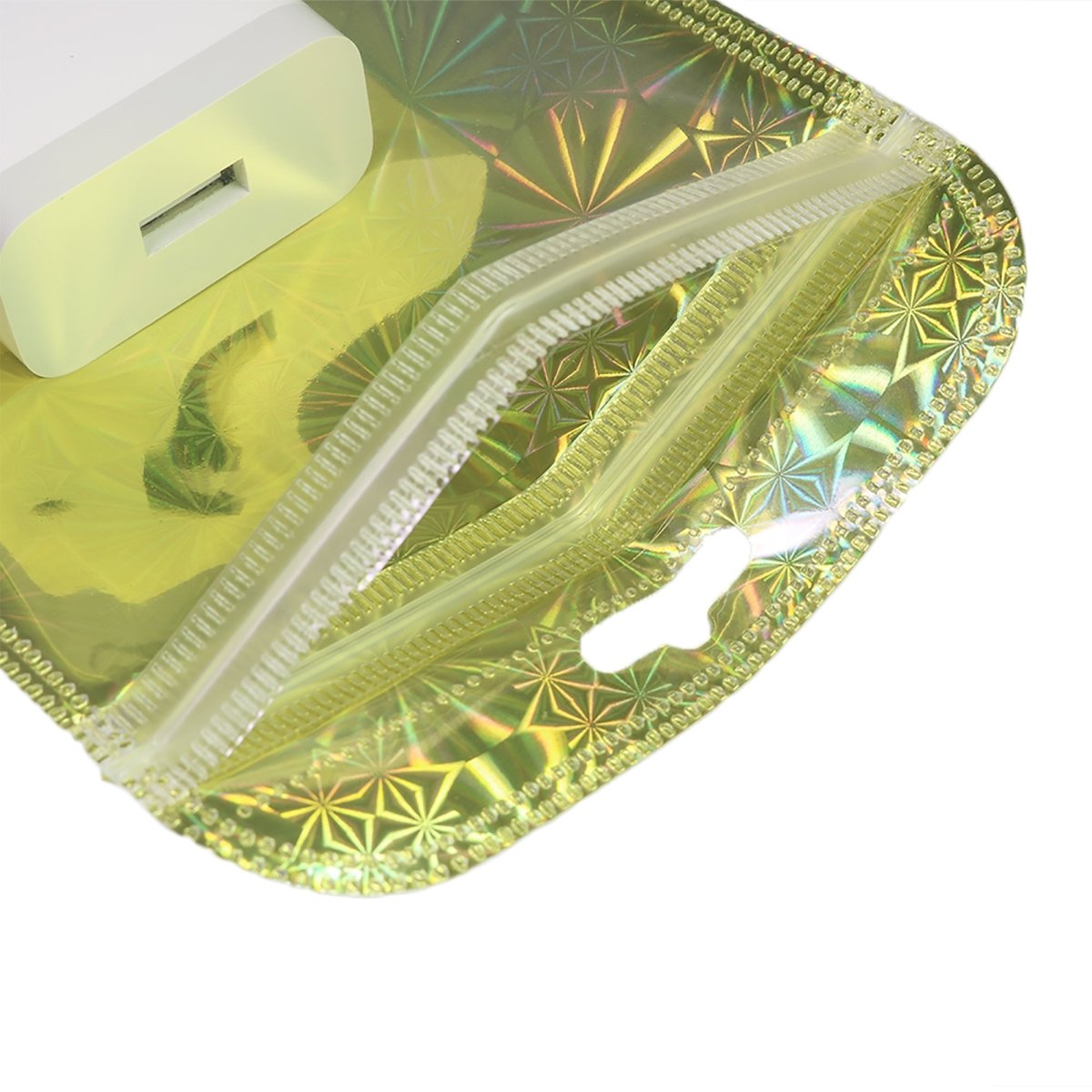Glossy Transparent Holographic Design Mylar Bags with Rounded Top and Butterfly Hang Hole - Katady packaging
