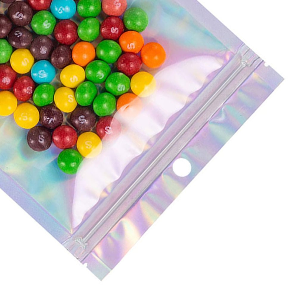Clear and Half Diamond Holographic Mylar Flat Bags with Round Hang Hole - Katady packaging