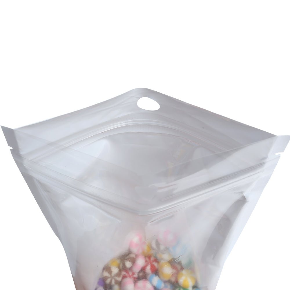 Glossy Clear Front and Half Polar White Polyethylene Flat Bags with Hang Hole - Katady packaging