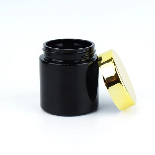 Black color child resistant glass jar with gold lid