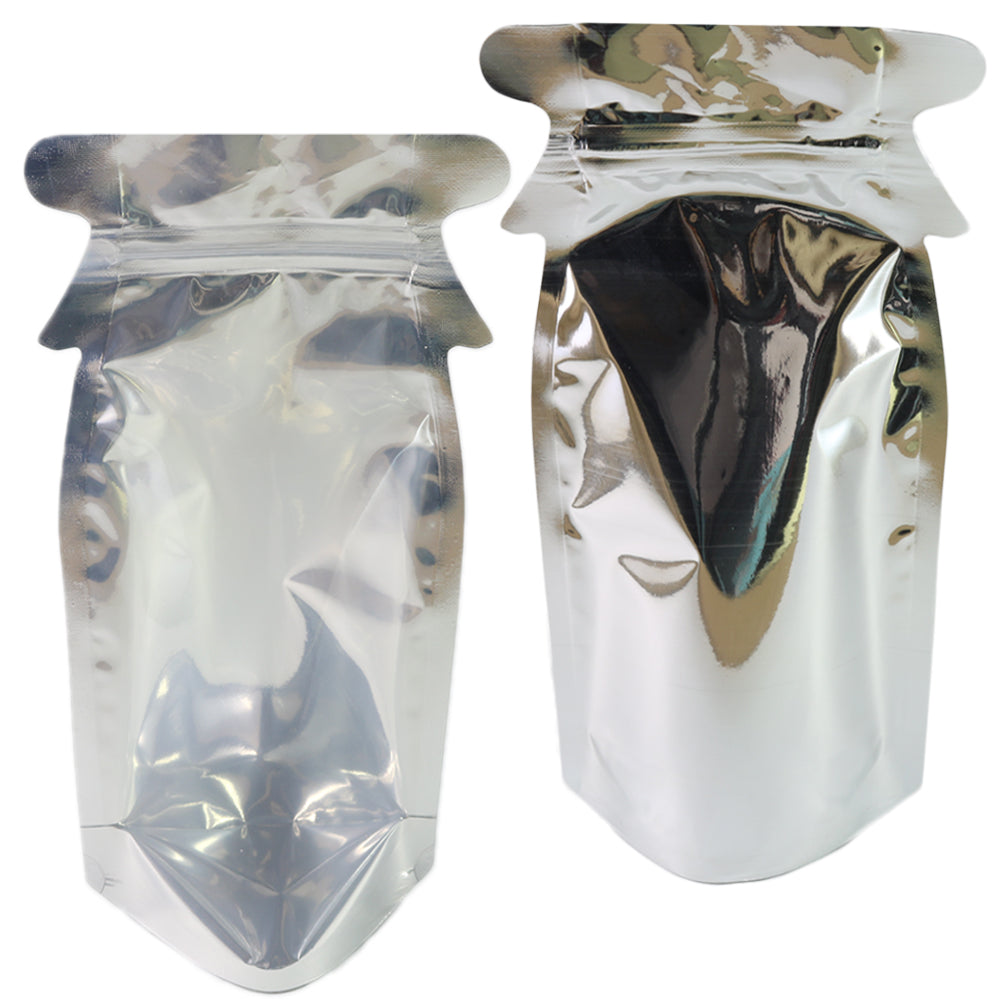 Clear and Silver Chrome Metallic Mylar Bottle Shaped Stand Clear and Silver Chrome Metallic Mylar Bottle Shaped Stand
