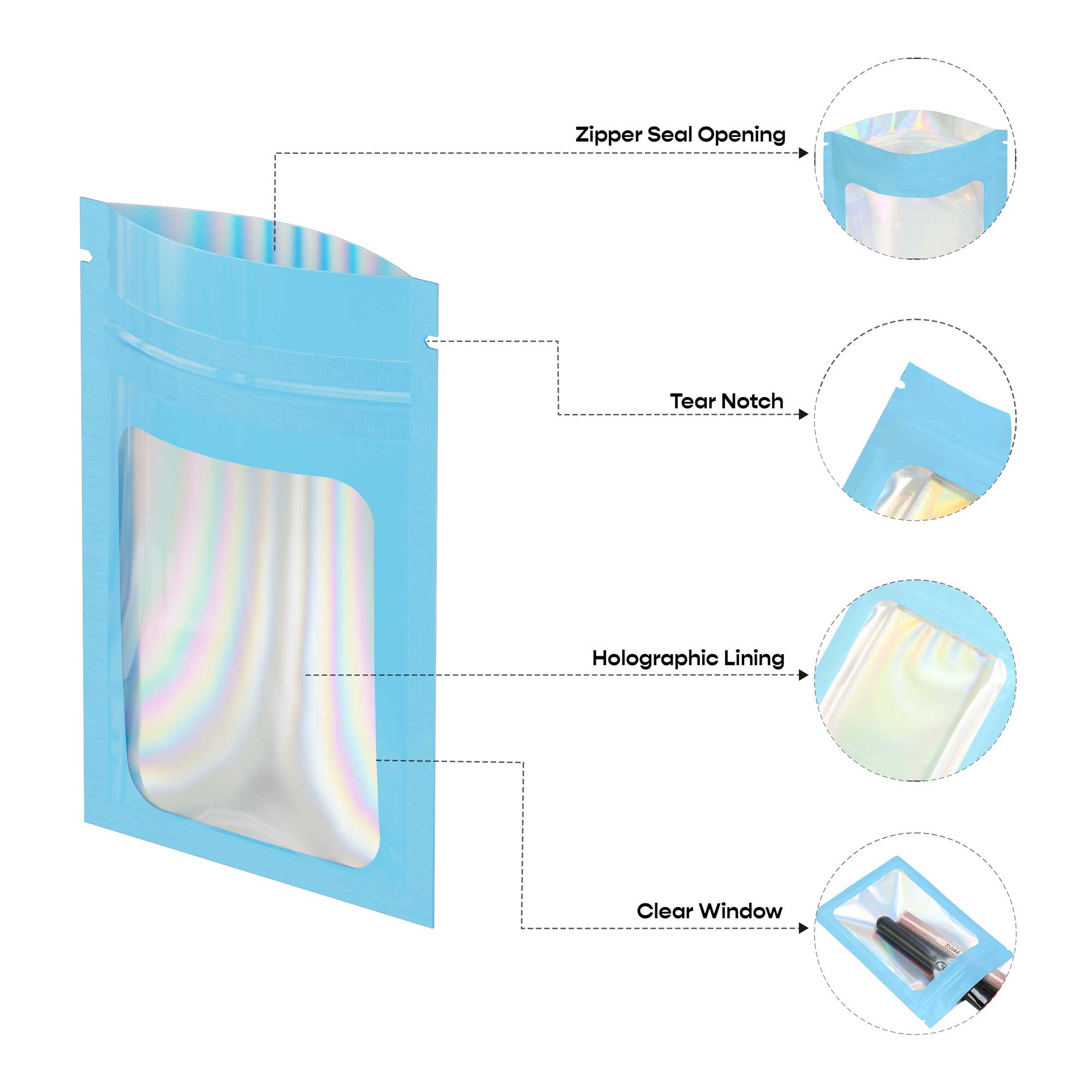 Customizable Flat Zipper Seal Window Bags with Holographic Customizable Flat Zipper Seal Window Bags with Holographic