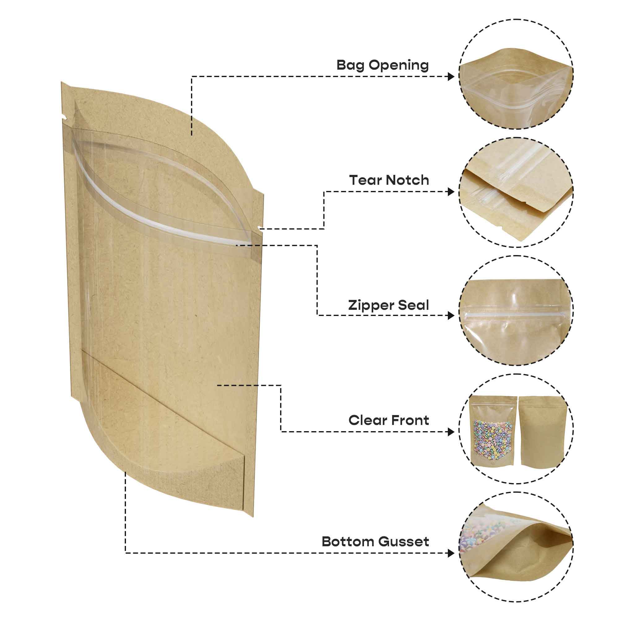 Customizable Glossy Clear Half Kraft Stand Up Zipper Seal Customizable Glossy Clear Half Kraft Stand Up Zipper Seal