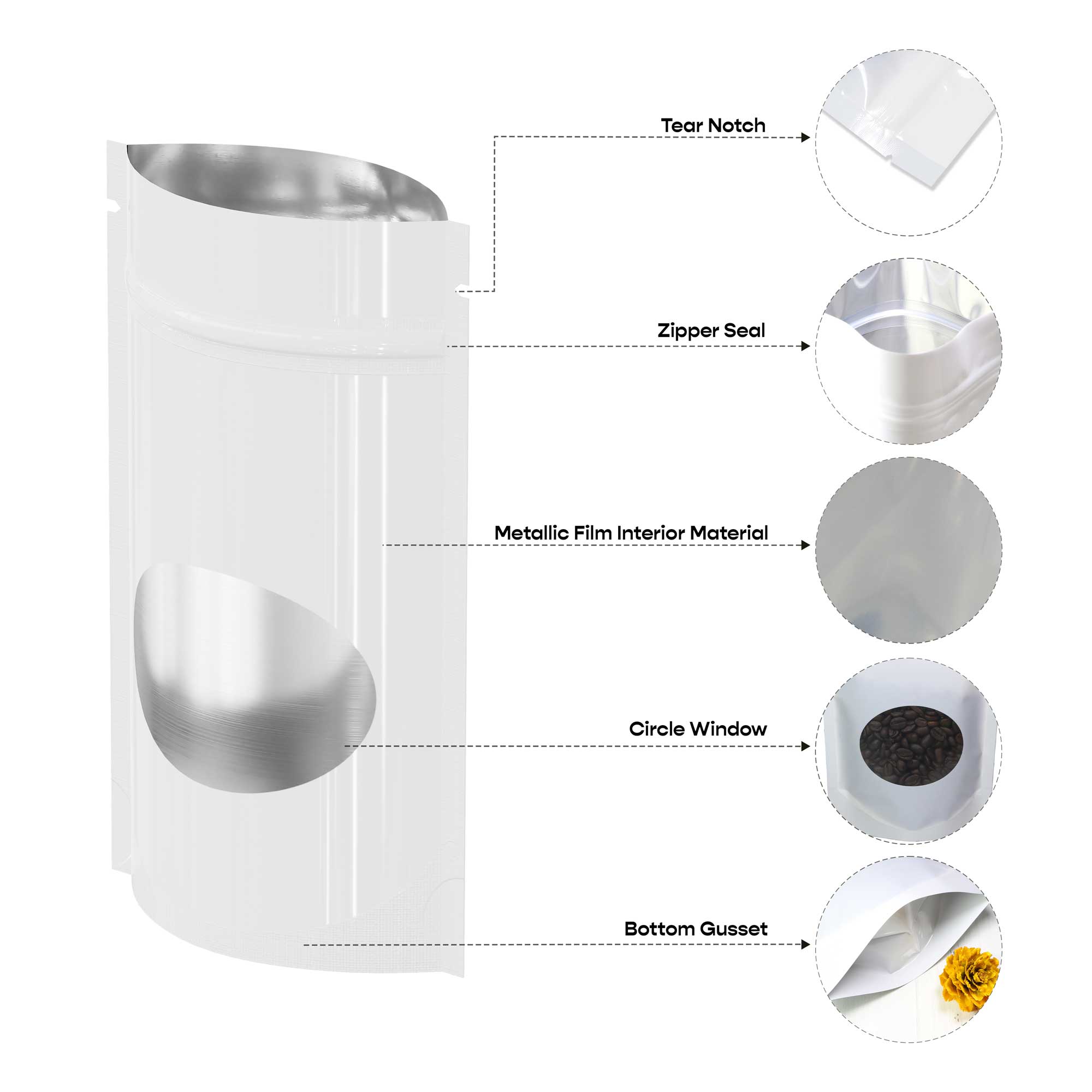 Customizable Glossy Round Window Plastic and Mylar Stand Up Customizable Glossy Round Window Plastic and Mylar Stand Up