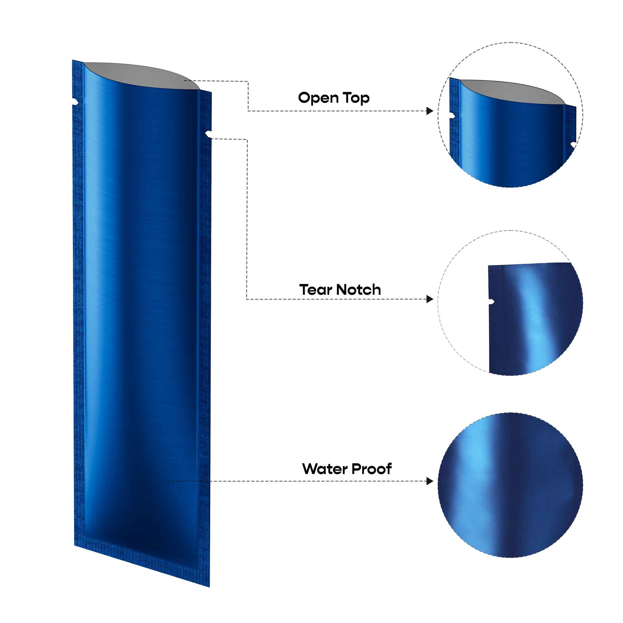 Customizable Long Metallic Aluminum Open Top Stick Pouches Customizable Long Metallic Aluminum Open Top Stick Pouches
