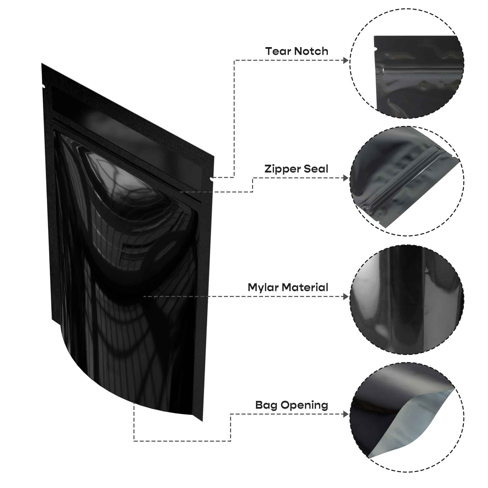 Customizable Mirror Black Open Bottom Mylar Pre-Sealed Top Customizable Mirror Black Open Bottom Mylar Pre-Sealed Top