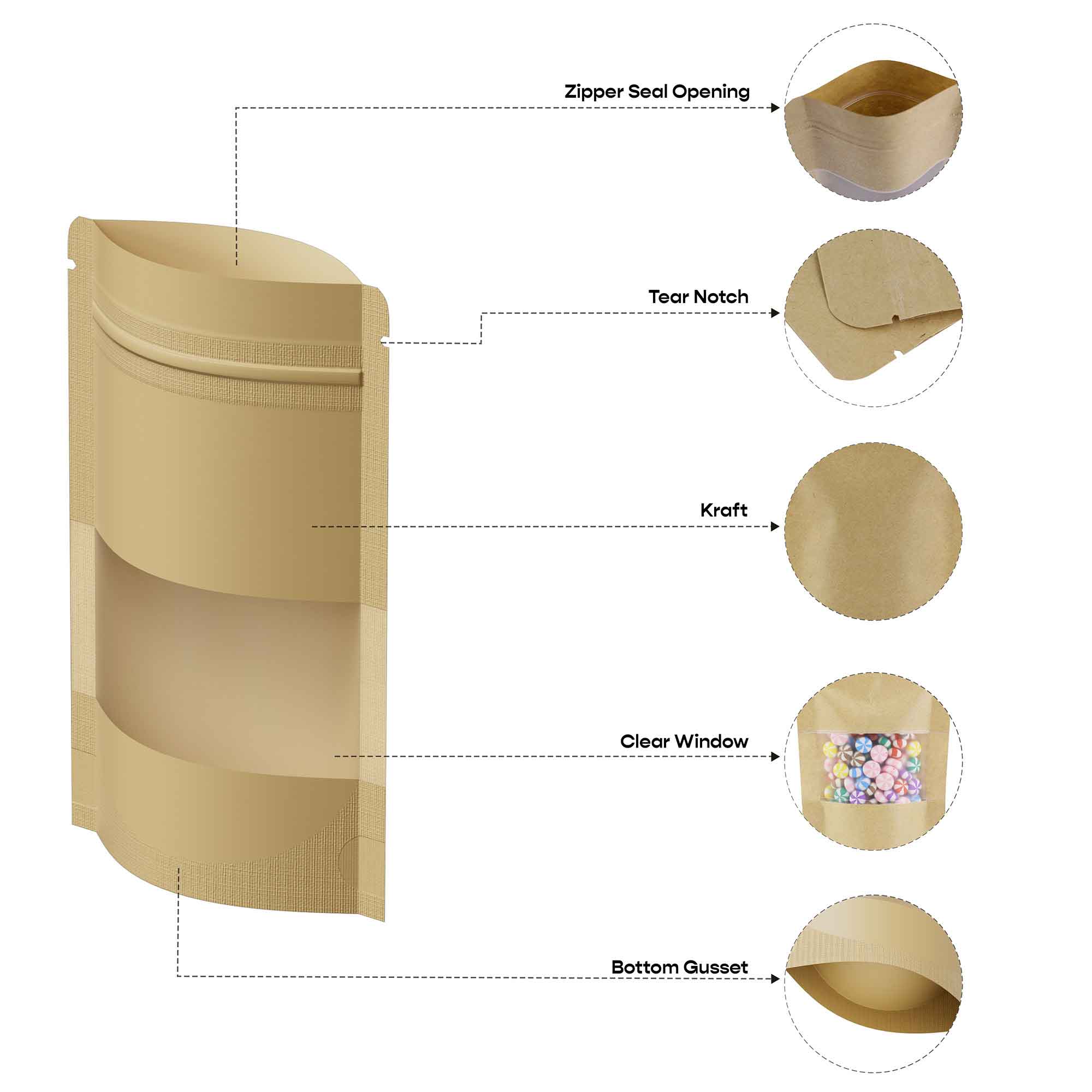Customizable Rounded Corners Kraft with Window Stand Up Customizable Rounded Corners Kraft with Window Stand Up