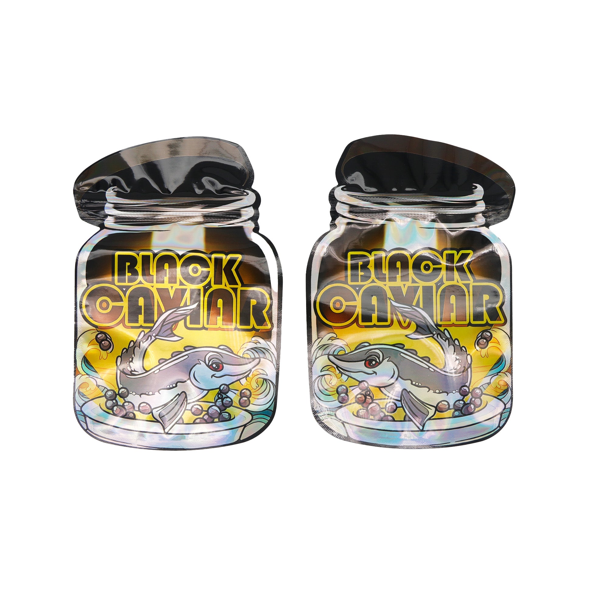 Flat Zipper Seal Bags – Holographic Black Caviar Die Cut Jar