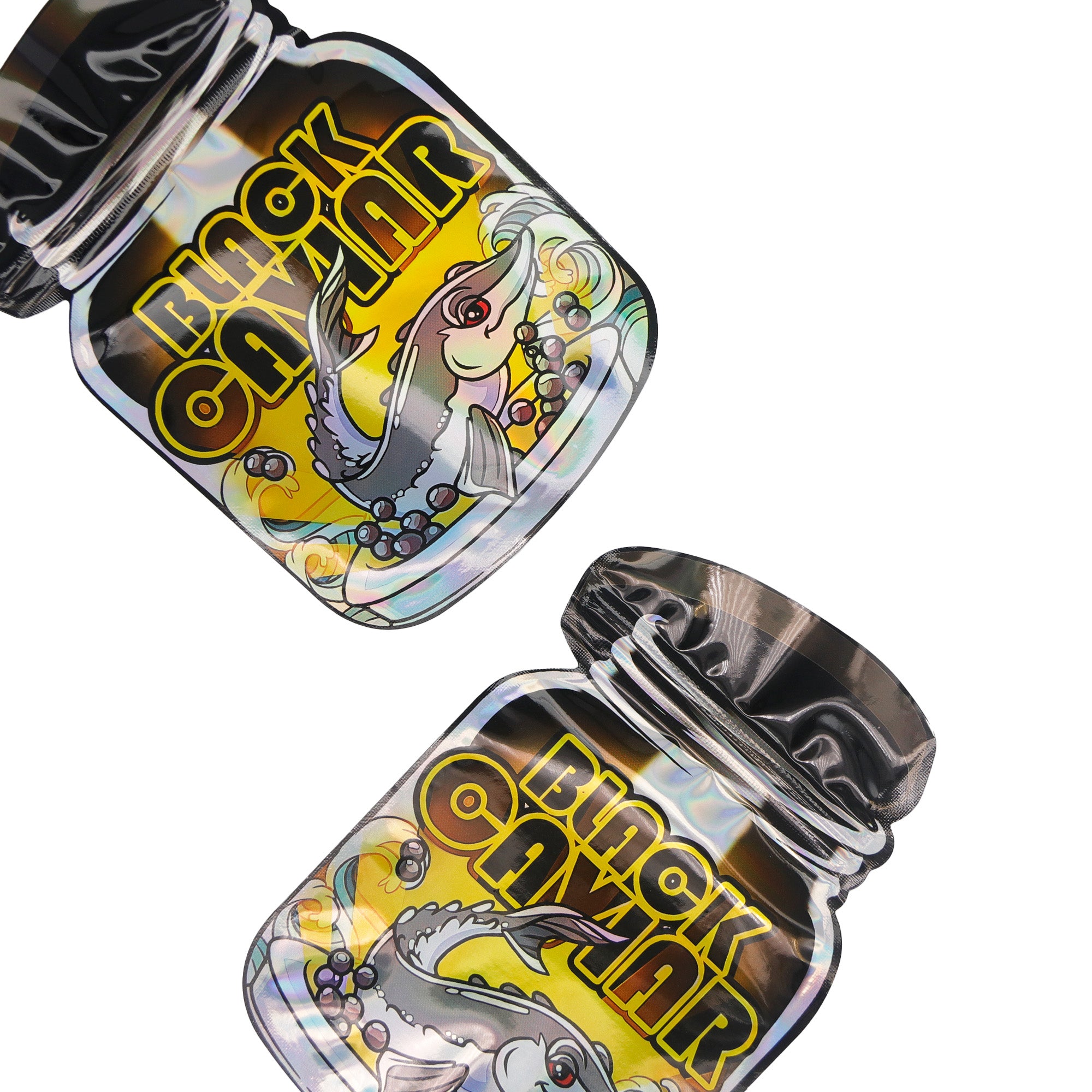 Flat Zipper Seal Bags – Holographic Black Caviar Die Cut Jar Flat Zipper Seal Bags – Holographic Black Caviar Die Cut Jar