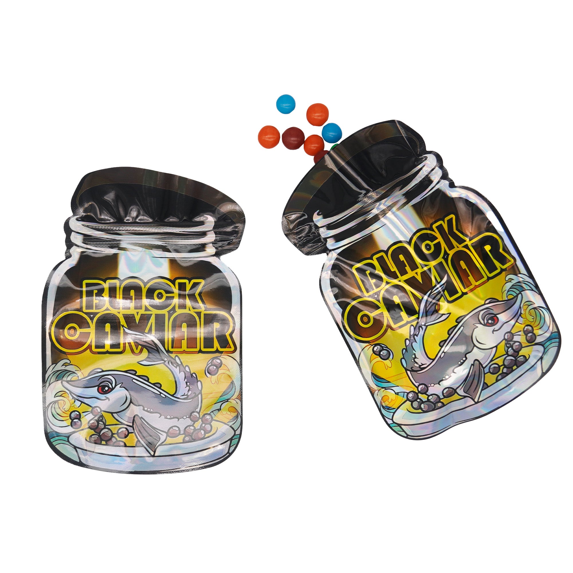 Flat Zipper Seal Bags – Holographic Black Caviar Die Cut Jar Flat Zipper Seal Bags – Holographic Black Caviar Die Cut Jar