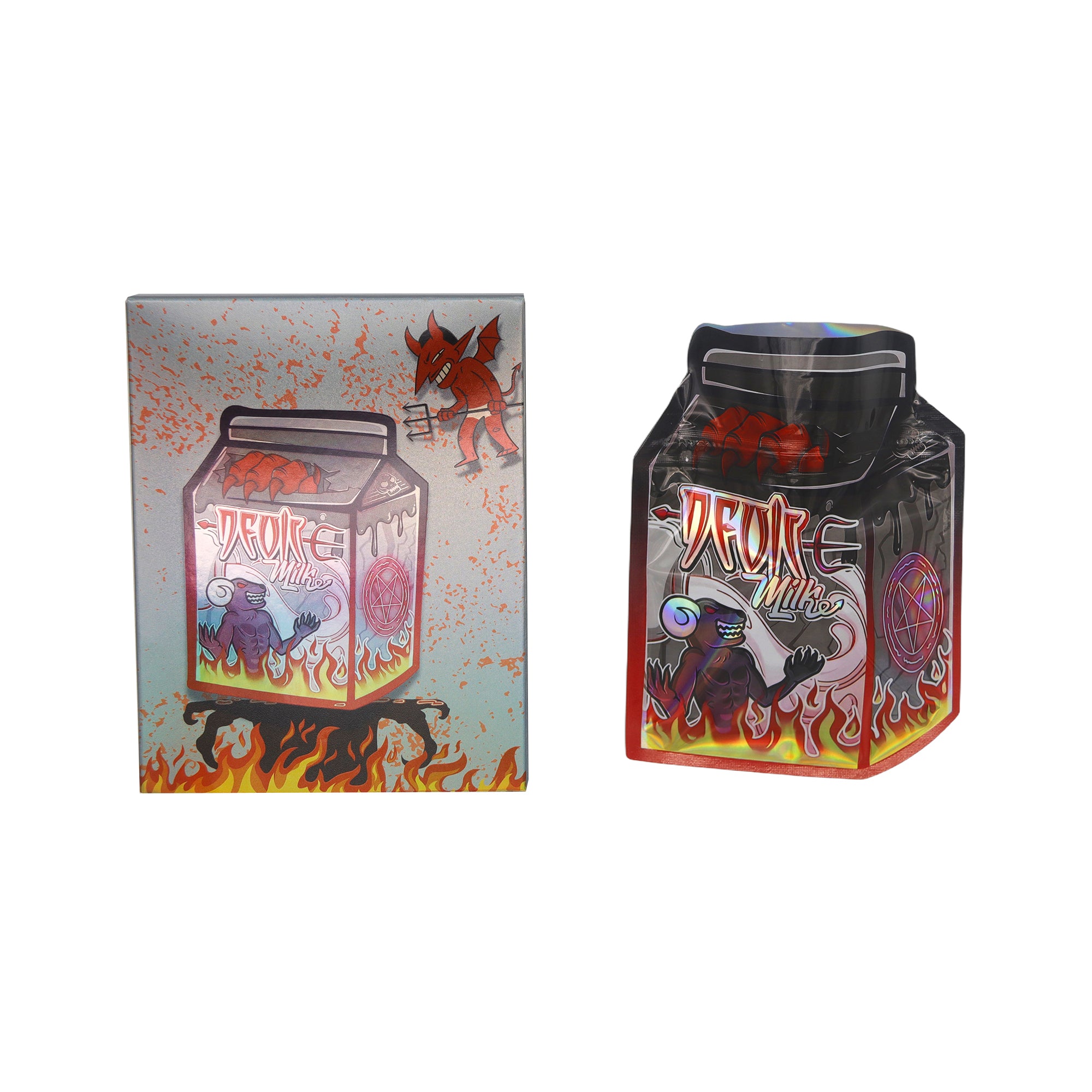 Flat Zipper Seal Bags – Holographic Devil Die-Cut Milk Flat Zipper Seal Bags – Holographic Devil Die-Cut Milk