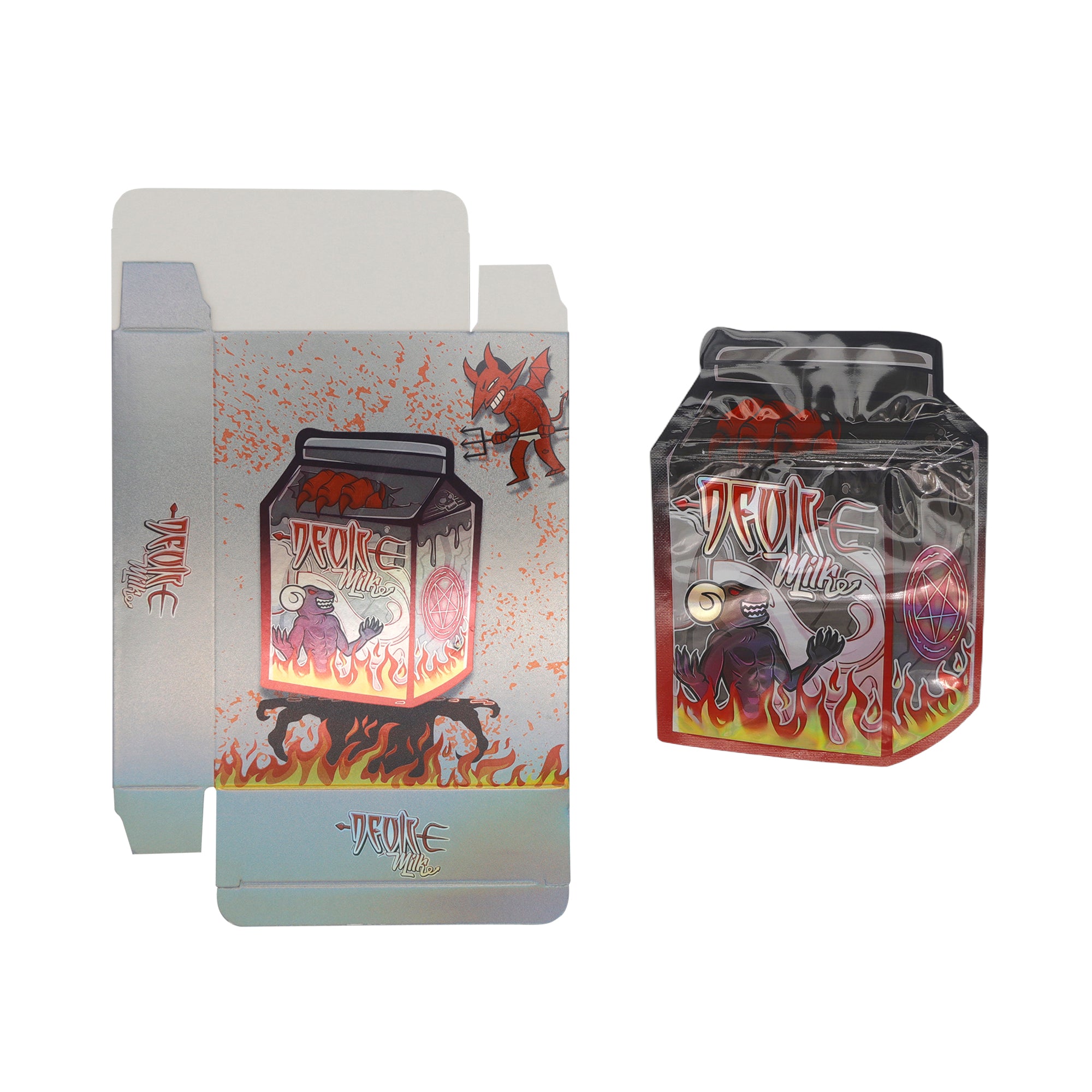 Flat Zipper Seal Bags – Holographic Devil Die-Cut Milk Flat Zipper Seal Bags – Holographic Devil Die-Cut Milk
