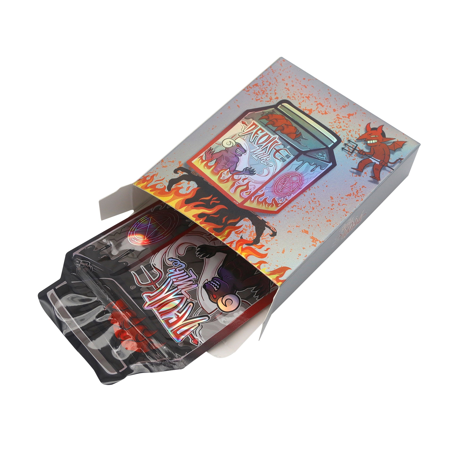 Flat Zipper Seal Bags – Holographic Devil Die-Cut Milk Flat Zipper Seal Bags – Holographic Devil Die-Cut Milk