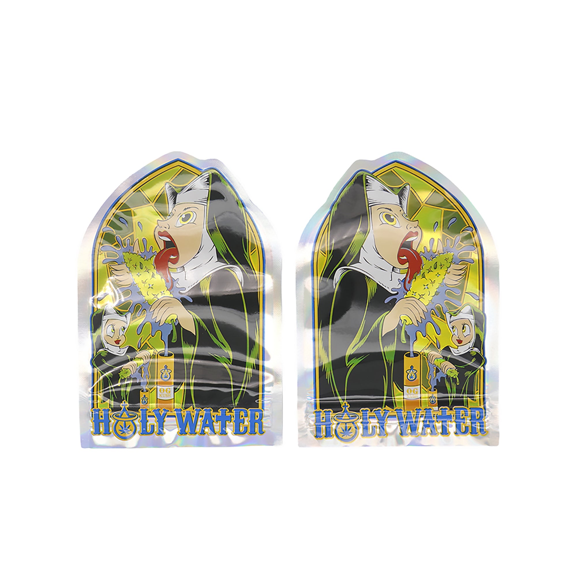 Flat Zipper Seal Bags – Holographic Holy Water Die Cut Smell Flat Zipper Seal Bags – Holographic Holy Water Die Cut Smell