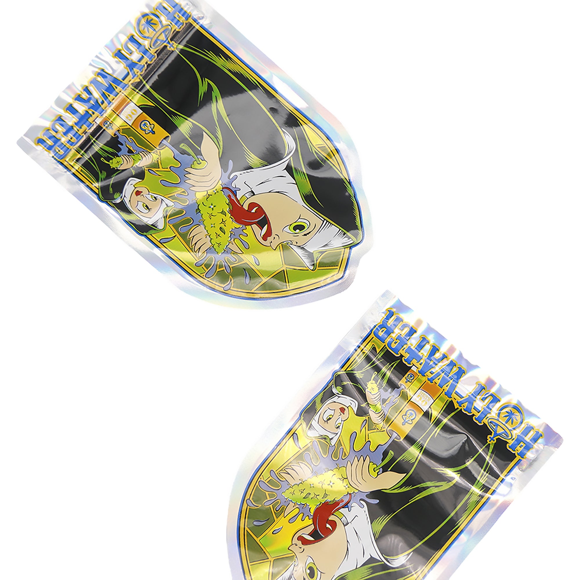Flat Zipper Seal Bags – Holographic Holy Water Die Cut Smell Flat Zipper Seal Bags – Holographic Holy Water Die Cut Smell