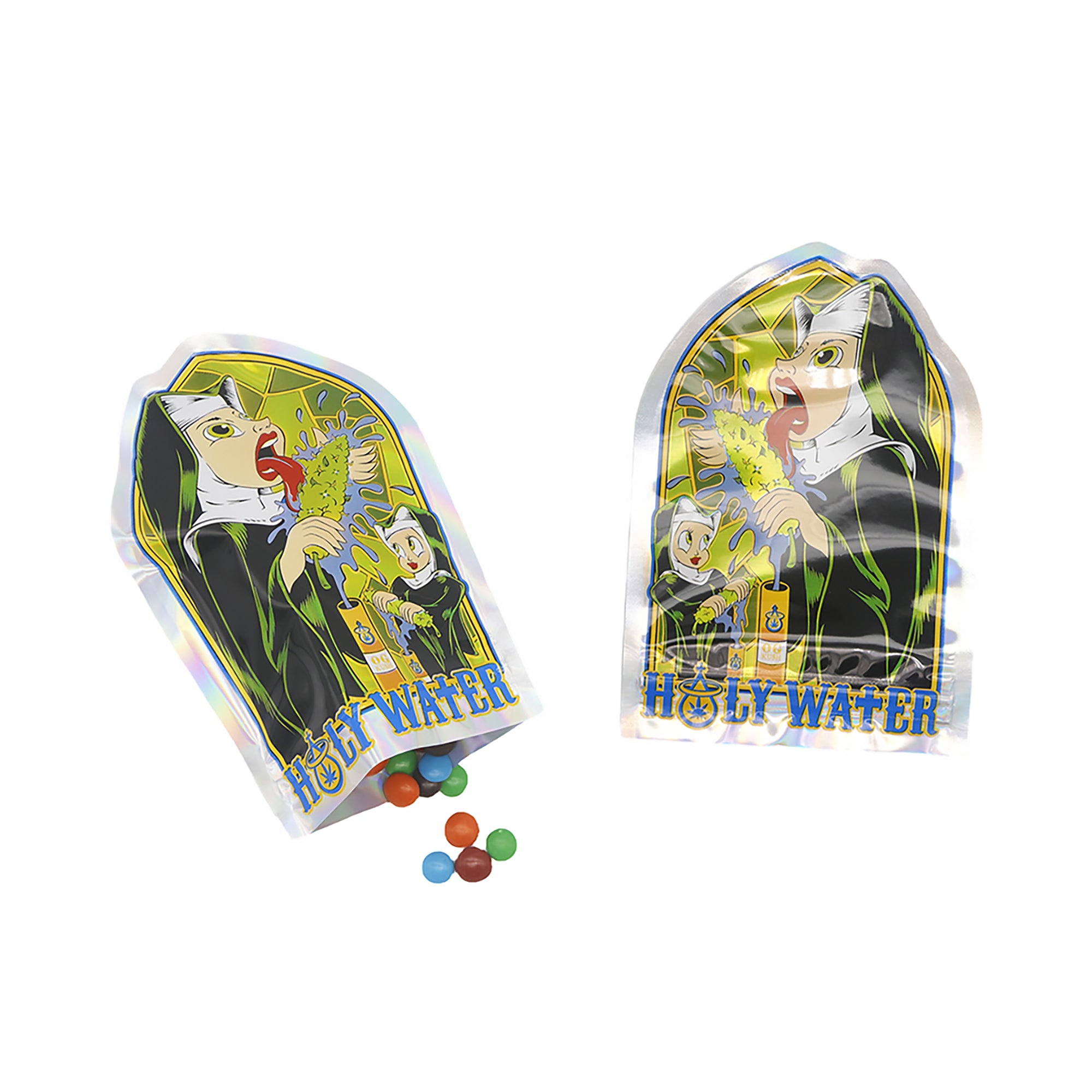 Flat Zipper Seal Bags – Holographic Holy Water Die Cut Smell Flat Zipper Seal Bags – Holographic Holy Water Die Cut Smell