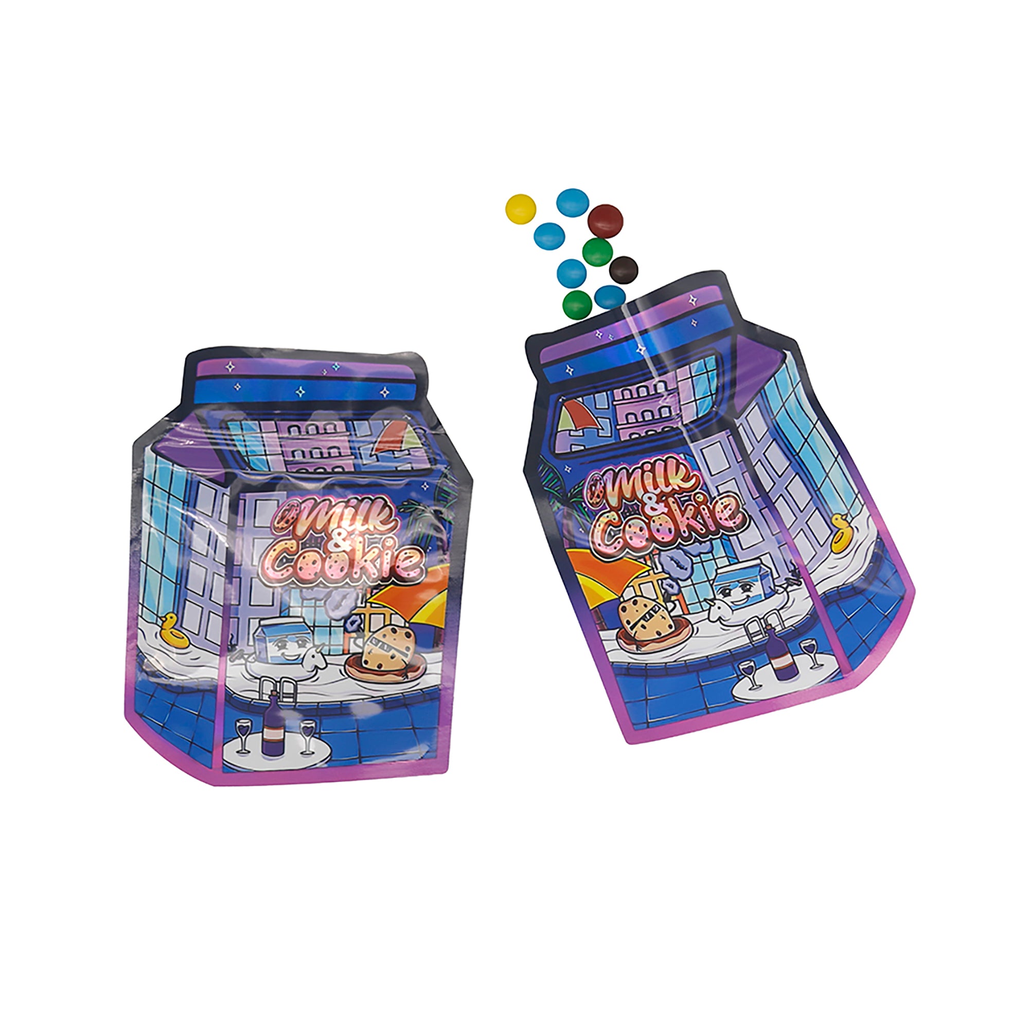 Flat Zipper Seal Bags – Holographic Milk Carton Die-Cut Flat Zipper Seal Bags – Holographic Milk Carton Die-Cut