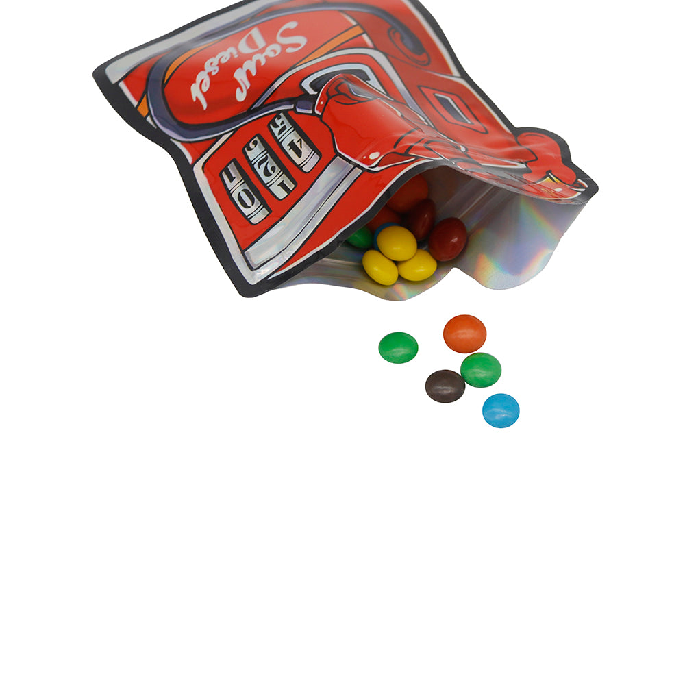 Flat Zipper Seal Bags – Holographic Red Diesel Die-Cut Smell Flat Zipper Seal Bags – Holographic Red Diesel Die-Cut Smell