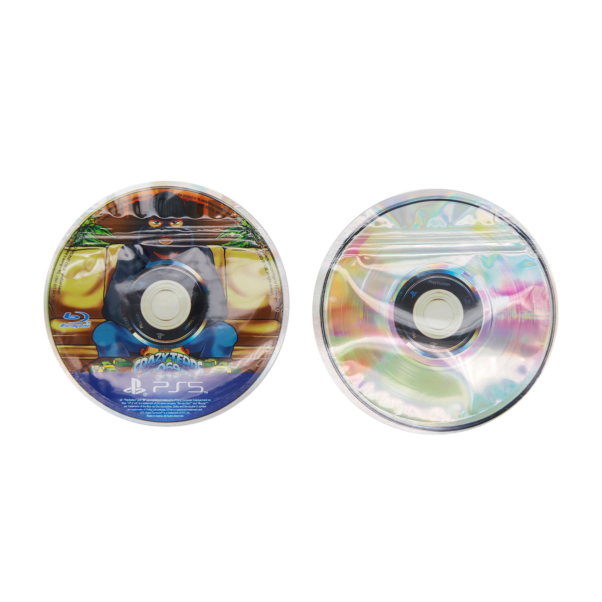 Flat Zipper Seal Bags – Holographic Video Game Die Cut Disc Flat Zipper Seal Bags – Holographic Video Game Die Cut Disc