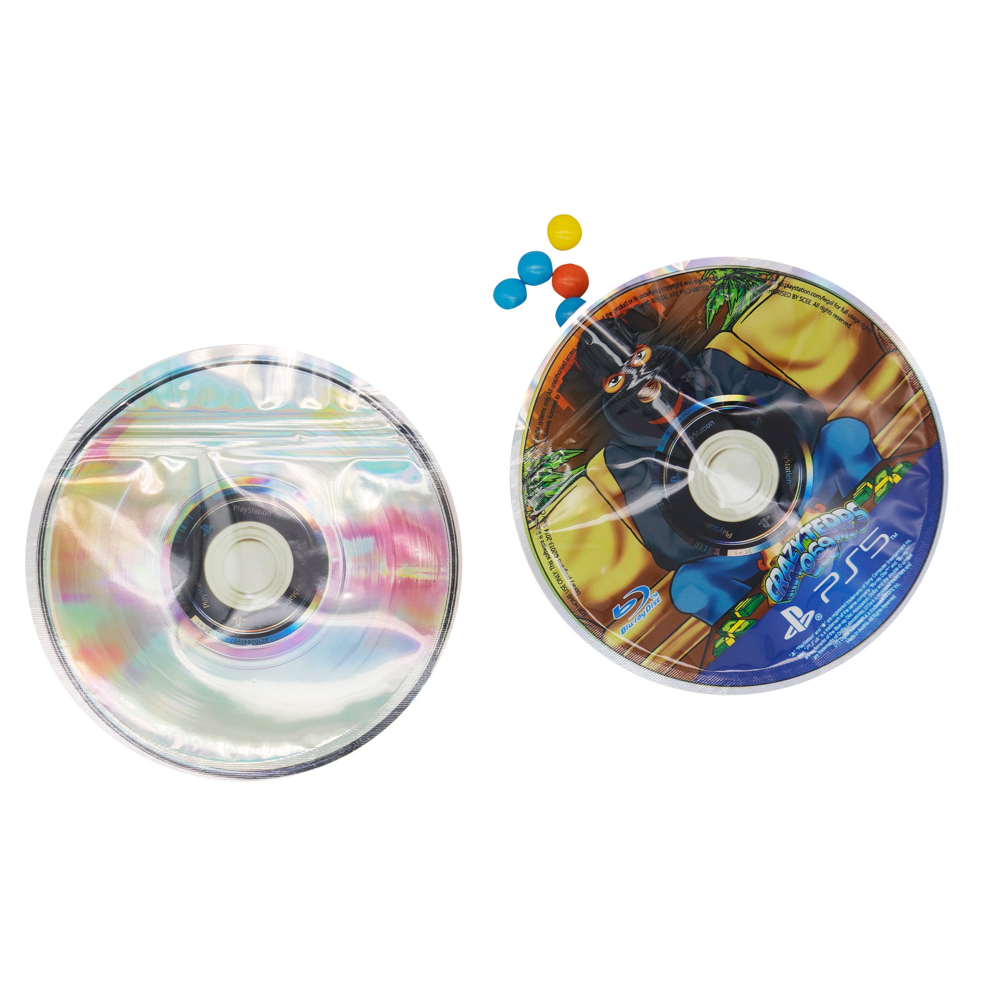 Flat Zipper Seal Bags – Holographic Video Game Die Cut Disc Flat Zipper Seal Bags – Holographic Video Game Die Cut Disc