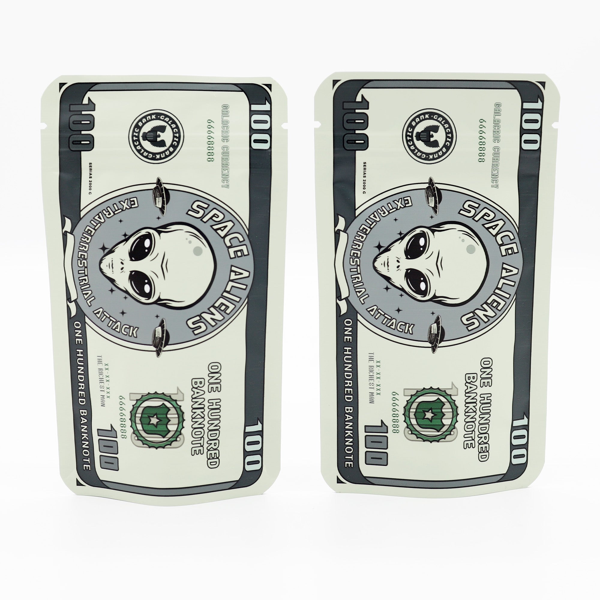 Green Hundred Bill Design Metallic Foil Stand Strong Bags Green Hundred Bill Design Metallic Foil Stand Strong Bags
