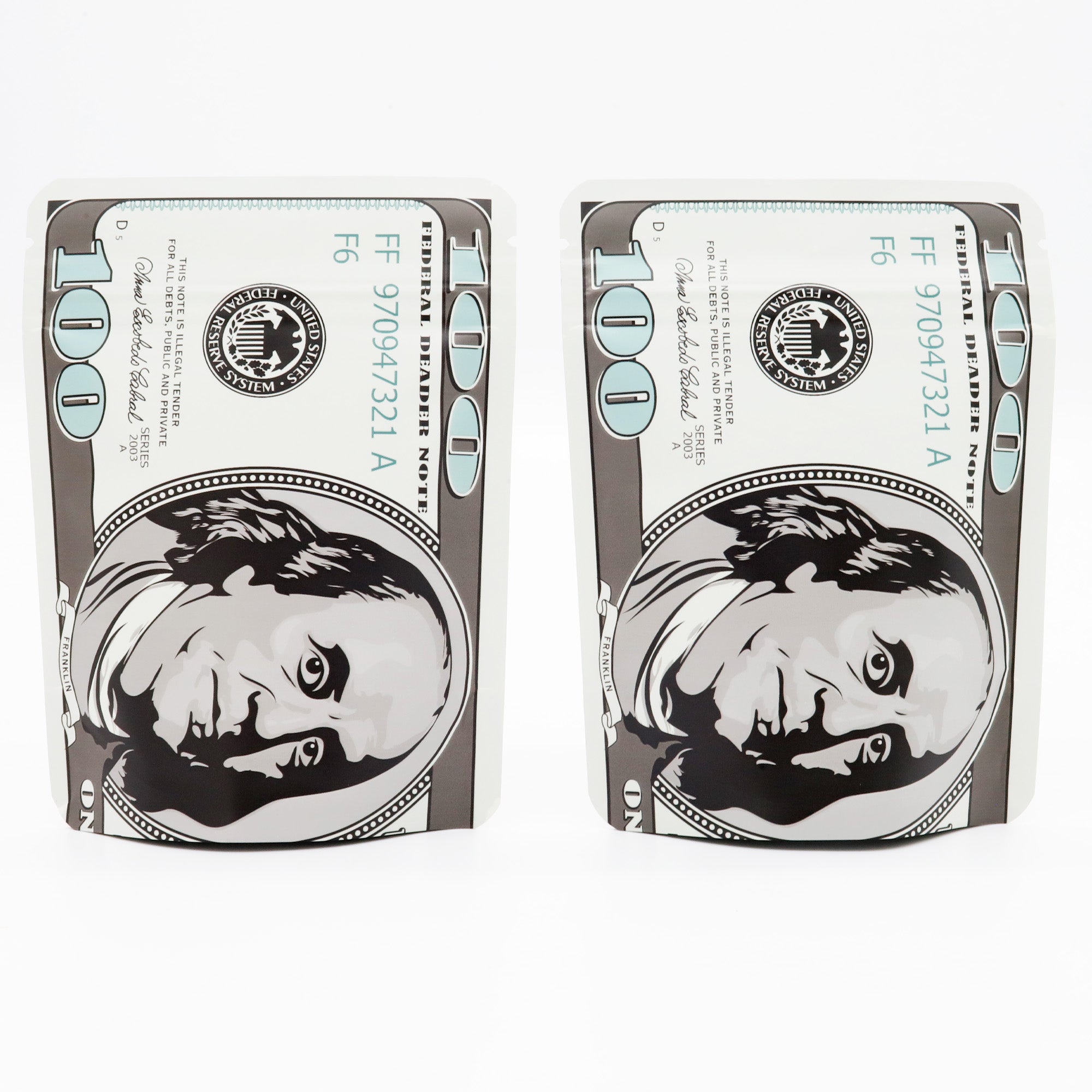 Green Hundred Bill Design Metallic Foil Stand Strong Bags Green Hundred Bill Design Metallic Foil Stand Strong Bags