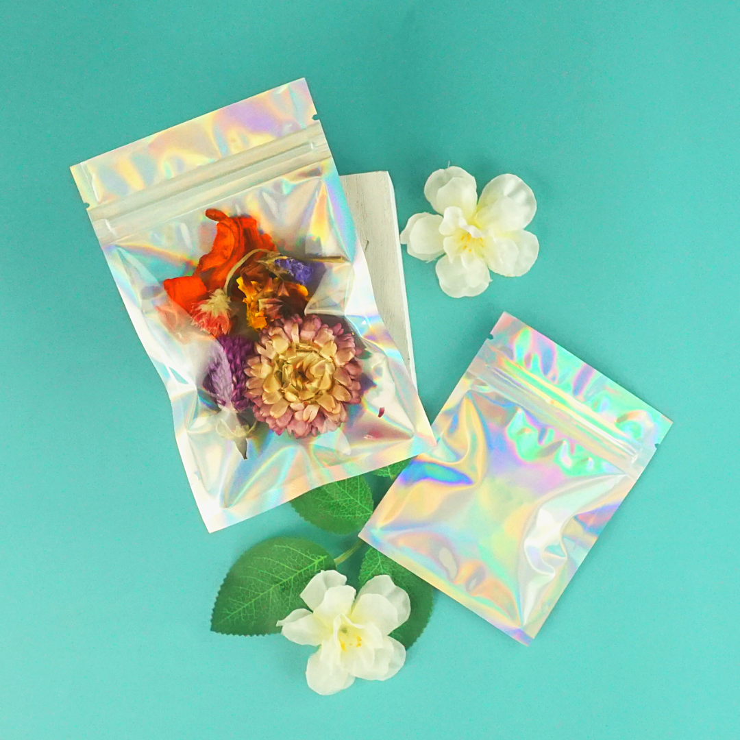 Half Diamond Holographic Mylar Zipper Seal Bags with Clear Half Diamond Holographic Mylar Zipper Seal Bags with Clear