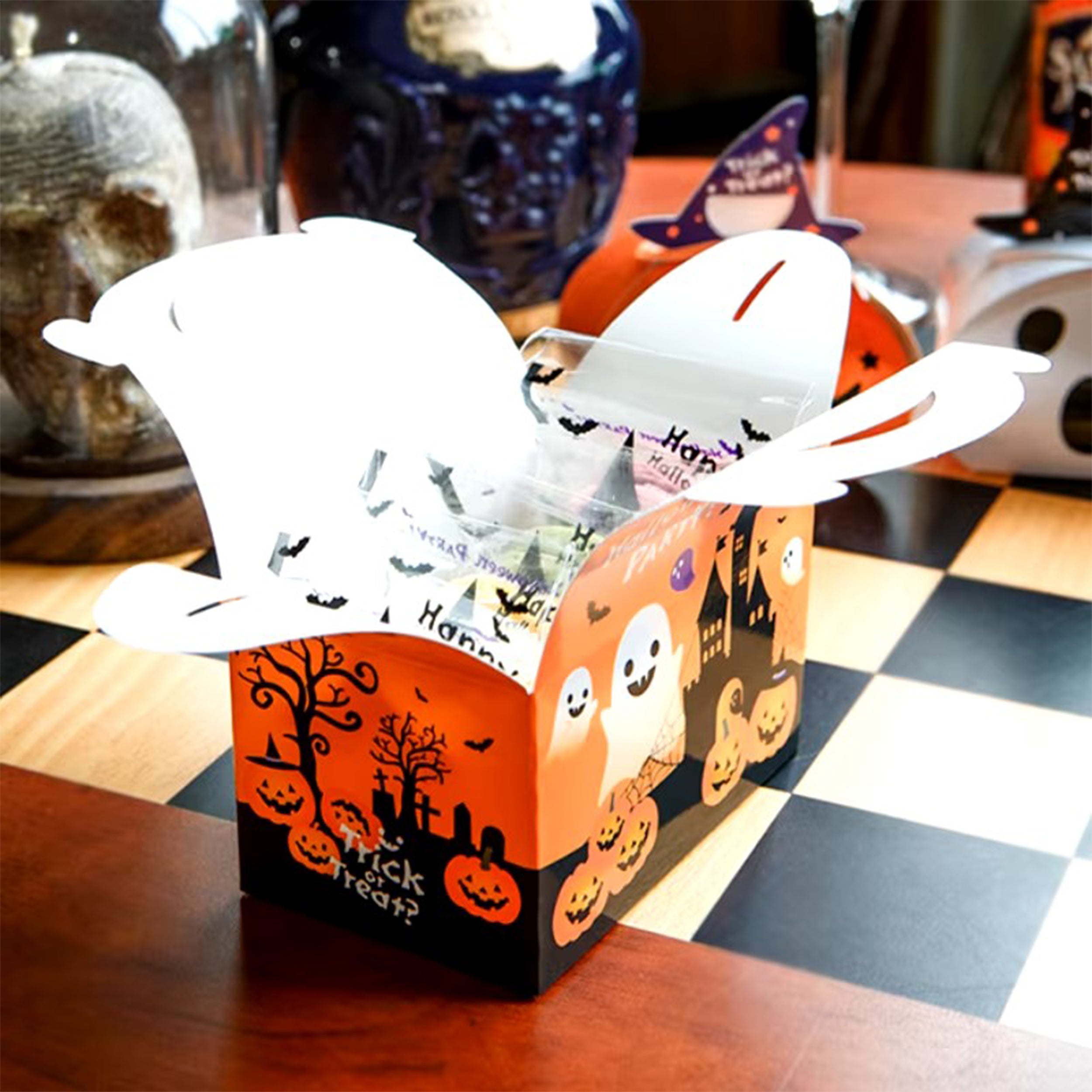 Halloween Designed Cardboard Treat Boxes with Handle Halloween Designed Cardboard Treat Boxes with Handle