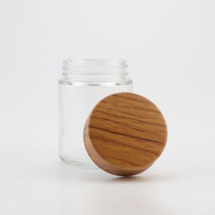Flat Wooden Cap CR Flower Glass Jar Flat Wooden Cap CR Flower Glass Jar
