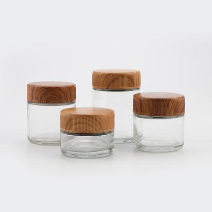 Flat Wooden Cap CR Flower Glass Jar Flat Wooden Cap CR Flower Glass Jar