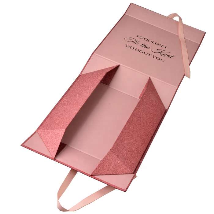 Glitter paper packaging folding box with ribbon closure Glitter paper packaging folding box with ribbon closure