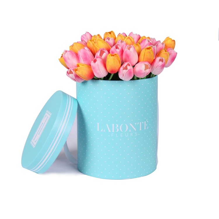 Rose round flower box with silk ribbon and handle Rose round flower box with silk ribbon and handle