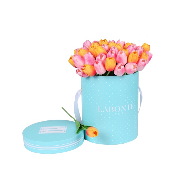 Rose round flower box with silk ribbon and handle Rose round flower box with silk ribbon and handle