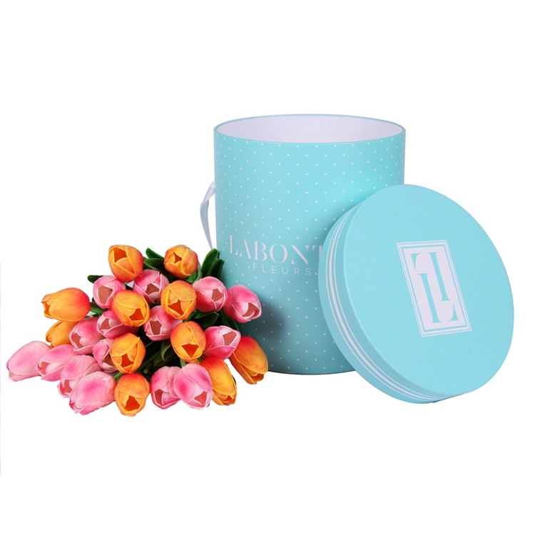 Rose round flower box with silk ribbon and handle Rose round flower box with silk ribbon and handle