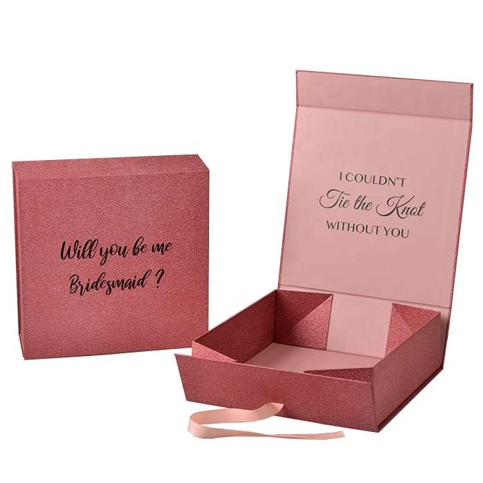 Glitter paper packaging folding box with ribbon closure Glitter paper packaging box for shoe clothing wig hair cosmetic printed square folding paper gift custom cardboard boxes