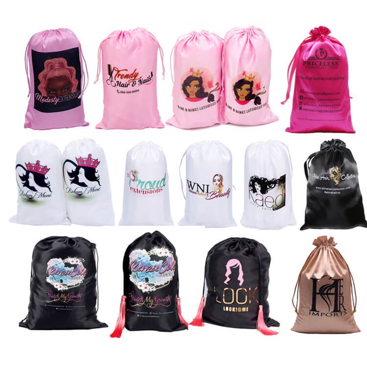 satin hair drawstring bag with tassels Wholesale custom logo silk wig bags satin hair bag for lashes