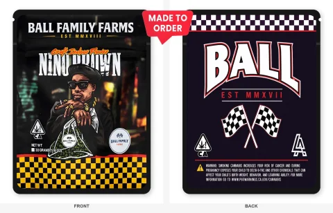Nino Brown 3.5g Mylar Sticker Bags Ball Family Farms