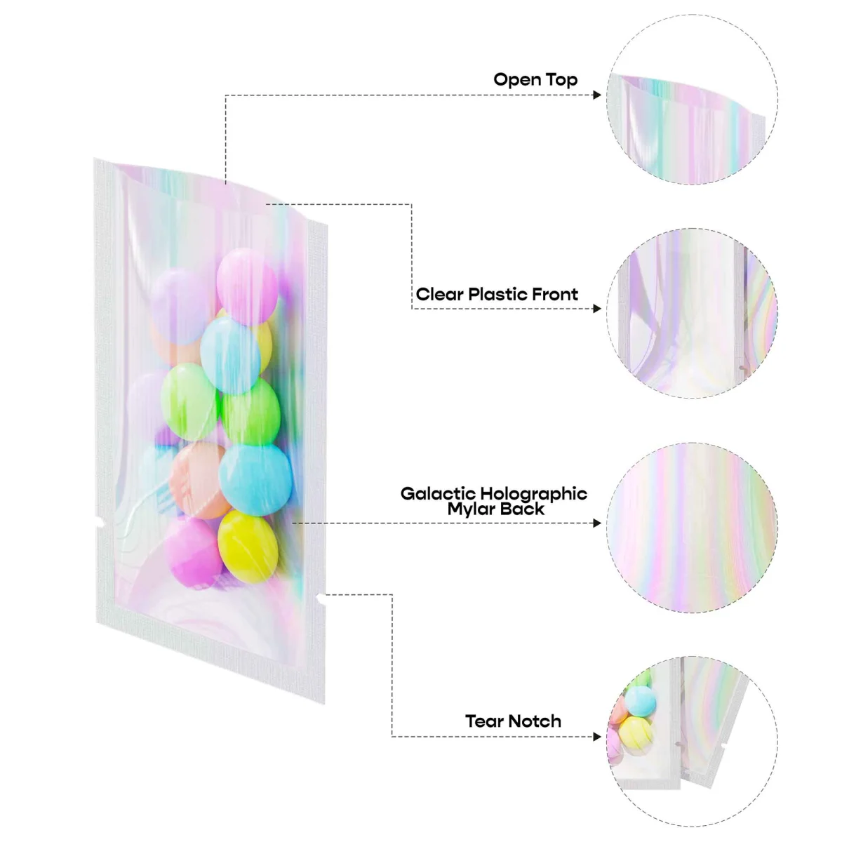 Custom Clear and Holographic Mylar Open-Top Bag Custom Clear and Holographic Mylar Open-Top Bag