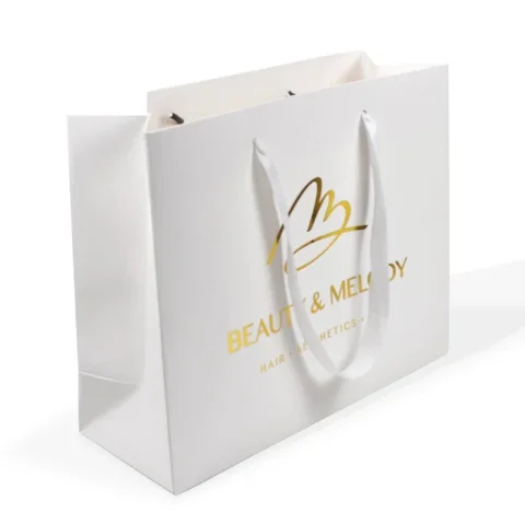 Custom White Paper Shopping Bag with Gold Foil Logo