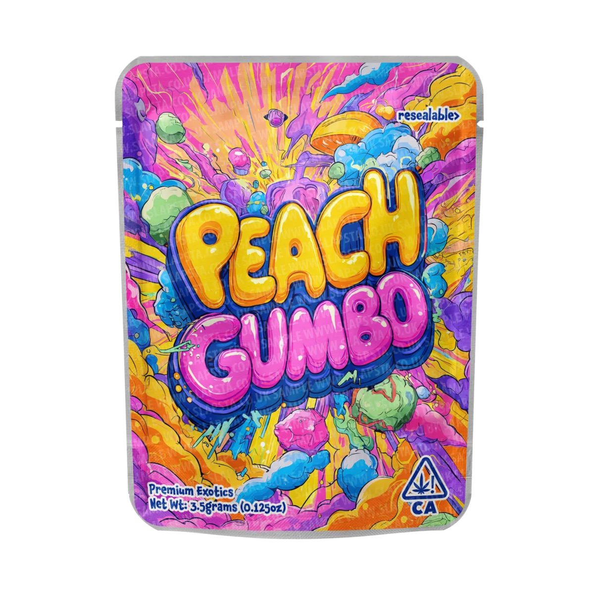 Peach Gumbo Mylar Pouches Pre-Labeled Peach Gumbo Mylar Pouches Pre-Labeled