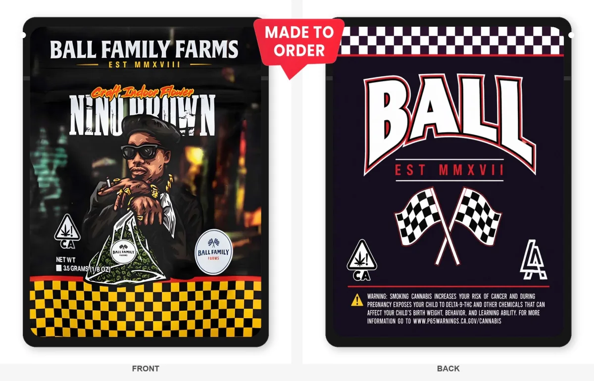 Nino Brown 3.5g Mylar Sticker Bags Ball Family Farms Nino Brown 3.5g Mylar Sticker Bags Ball Family Farms