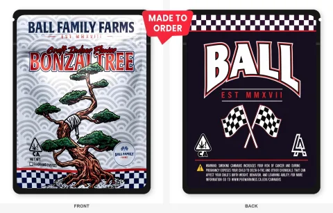 Bonzai Tree 3.5g Mylar Sticker Bags Ball Family Farms