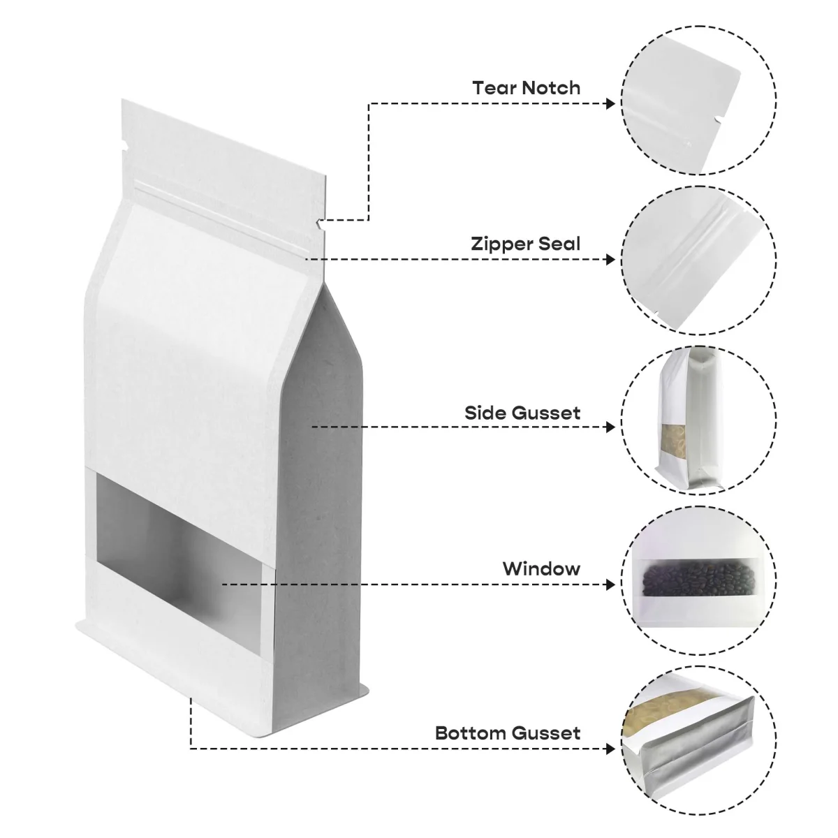 Custom White Kraft Paper Side-Gusset Bag with Window Custom White Kraft Paper Side-Gusset Bag with Window