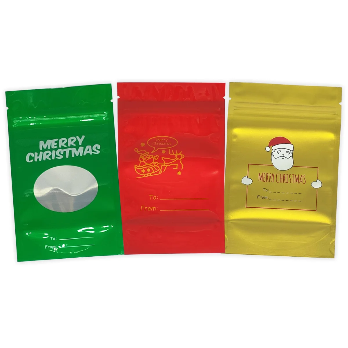Glossy Christmas Mylar Stand-Up Bag with Round Window Glossy Christmas Mylar Stand-Up Bag with Round Window
