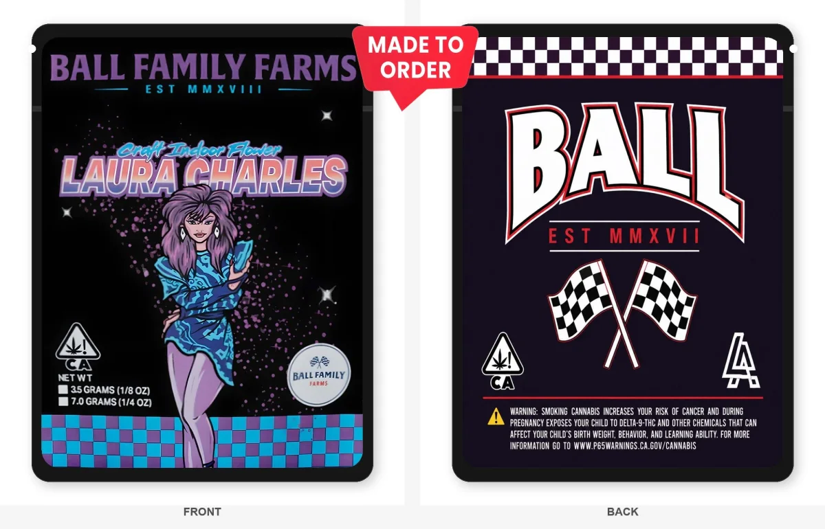 Laura Charles 3.5g Mylar Sticker Bags Ball Family Farms Laura Charles 3.5g Mylar Sticker Bags Ball Family Farms
