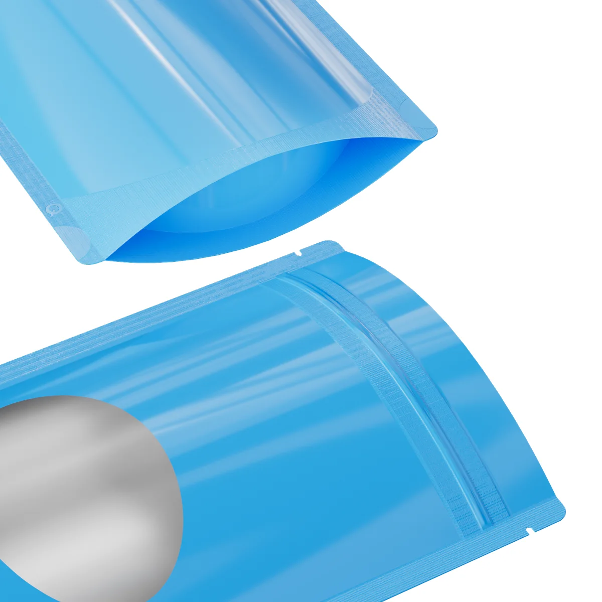 Glossy Blue Mylar Stand-Up Bag with Round Window Glossy Blue Mylar Stand-Up Bag with Round Window