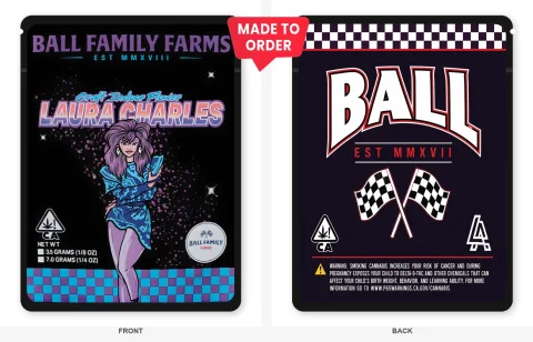 Laura Charles 3.5g Mylar Sticker Bags Ball Family Farms