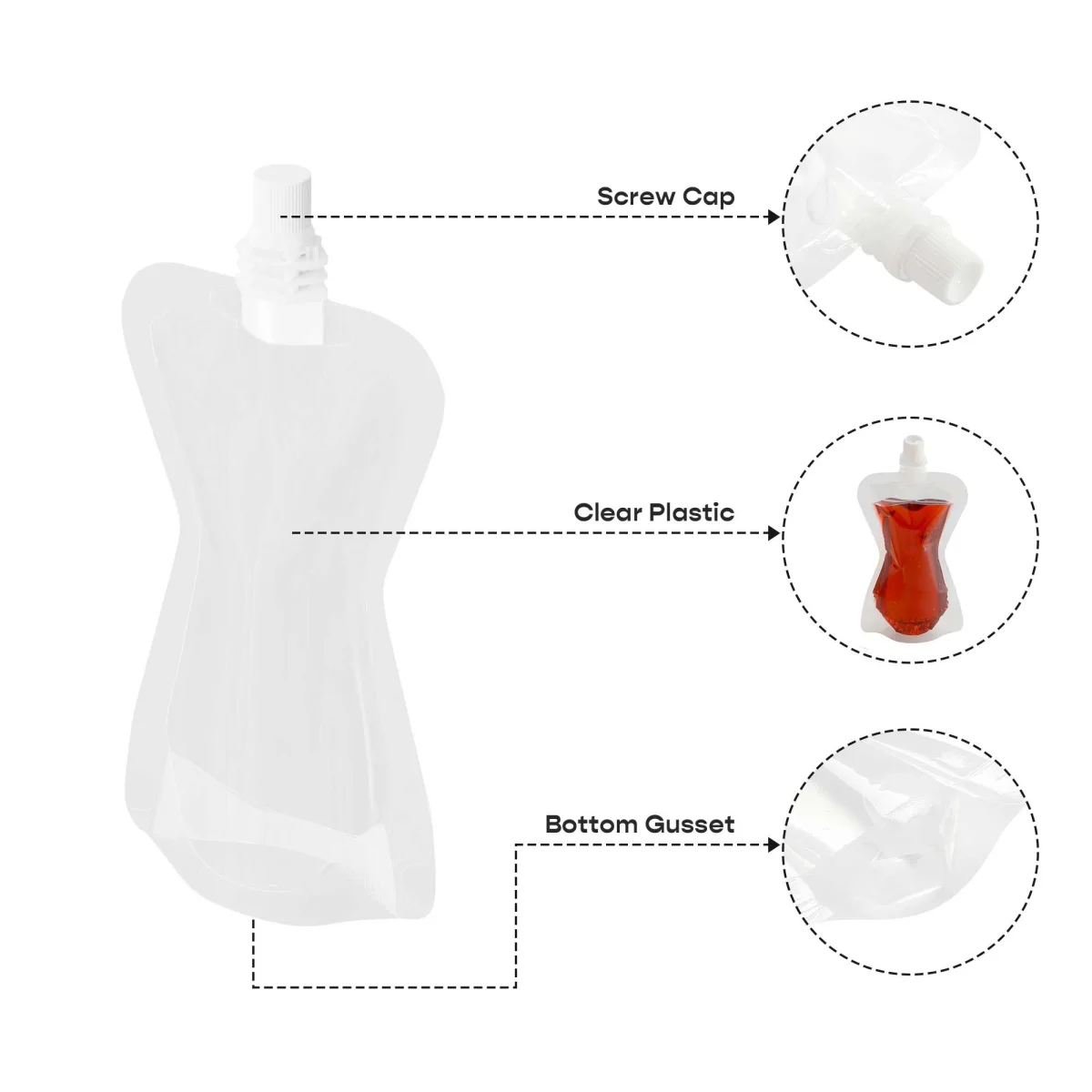 Custom Clear Hourglass-Shaped Pouch with Screw Cap Custom Clear Hourglass-Shaped Pouch with Screw Cap